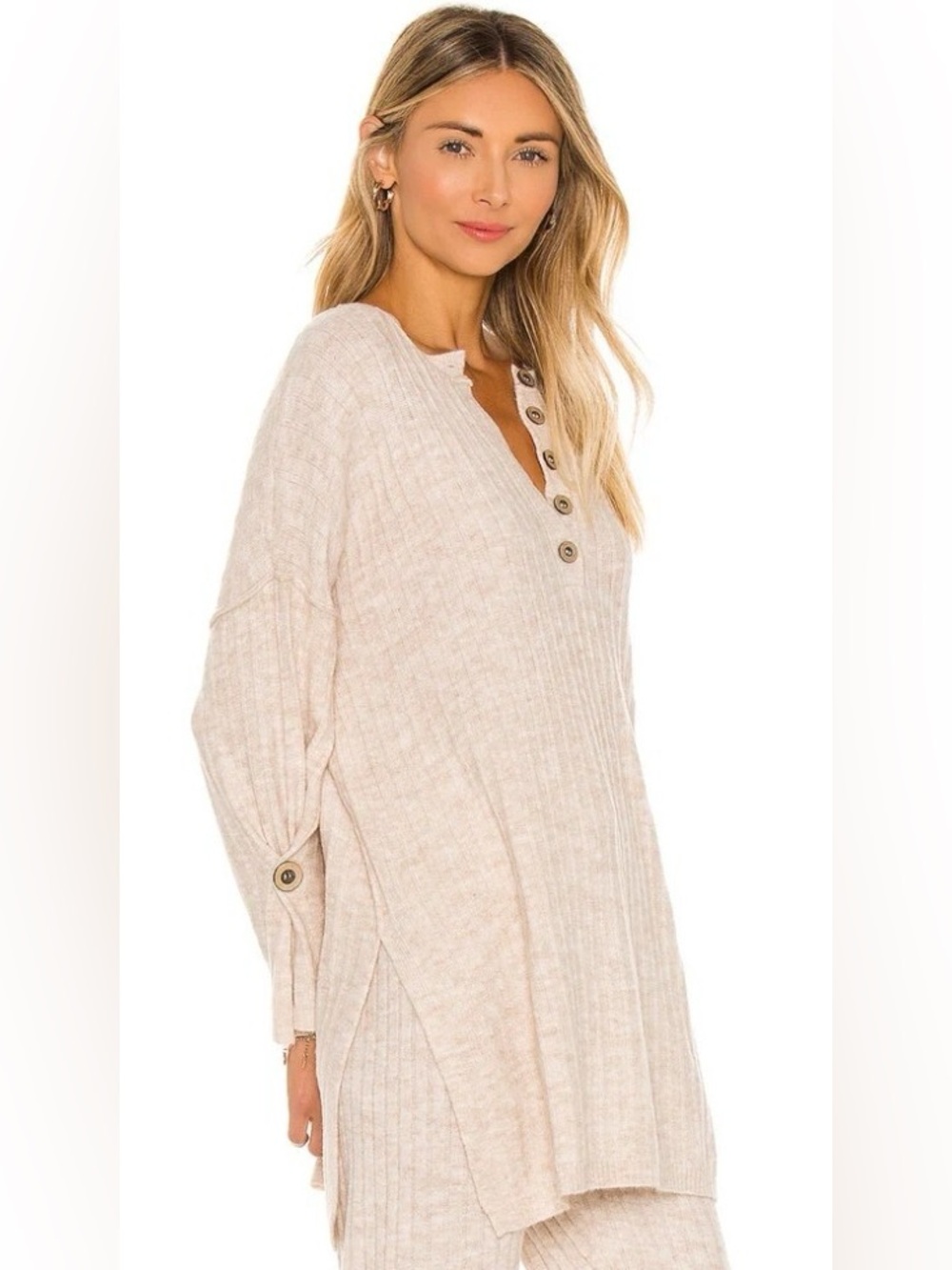 Free People Oatmeal Ribbed Henley Tunic with Button Accents